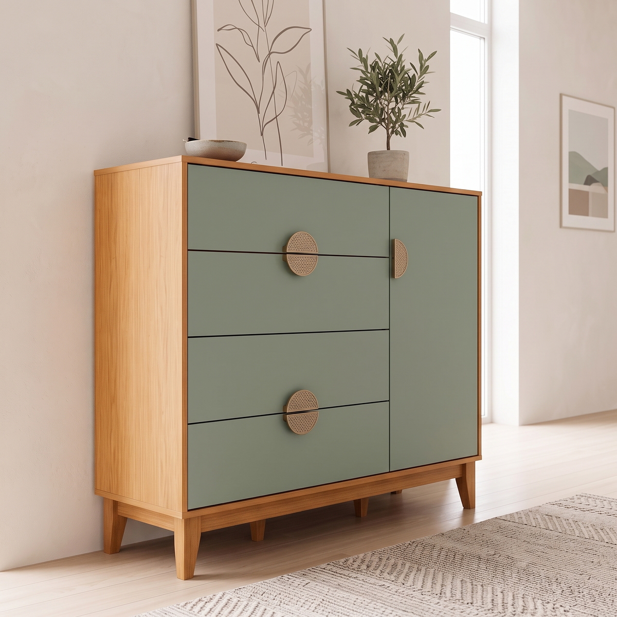 Close angled view of the IPE shoe rack drawers, door and tapered legs