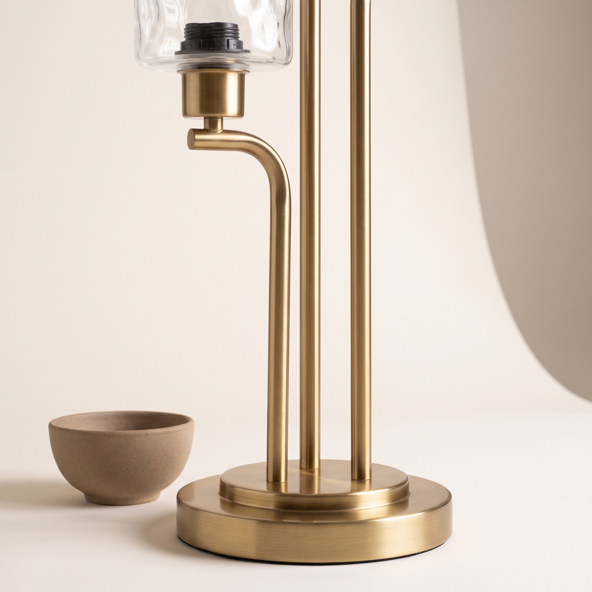 Three-Light Table Lamp #ML83537, brushed brass base with a ceramic bowl