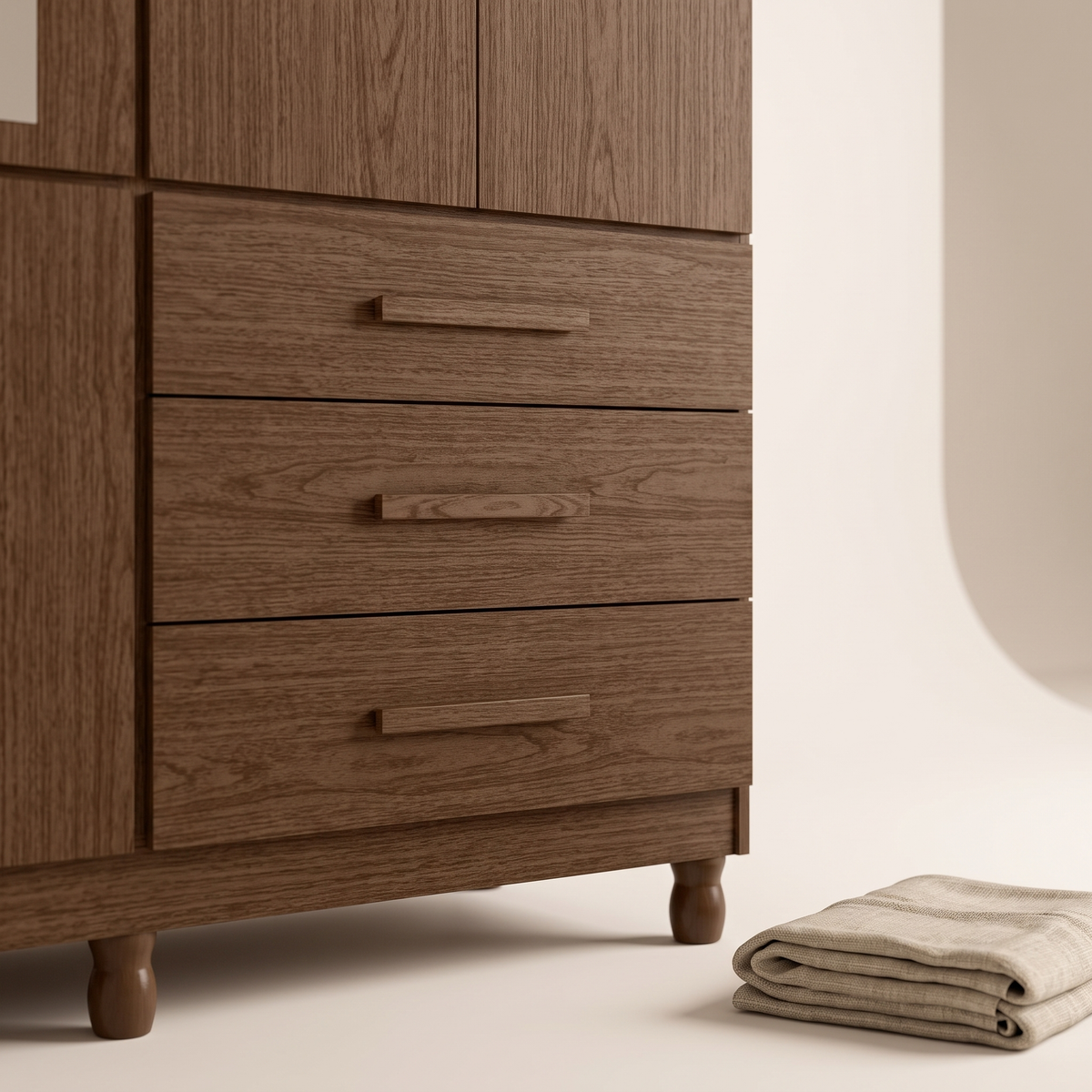 Triton Large 11 Door Wardrobe, lower drawers and legs with a folded linen throw