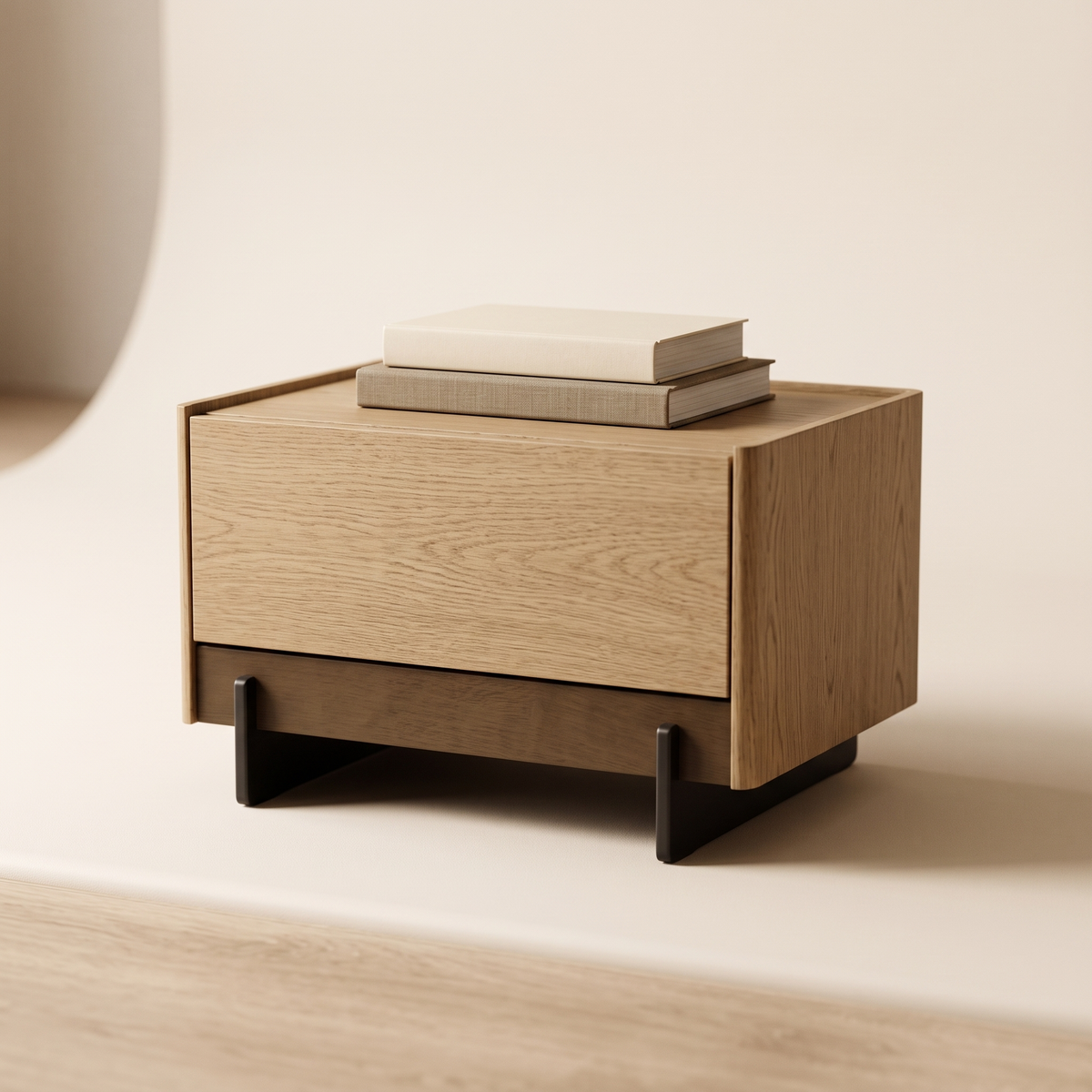 Rota Bedroom Set, natural-oak nightstand with books