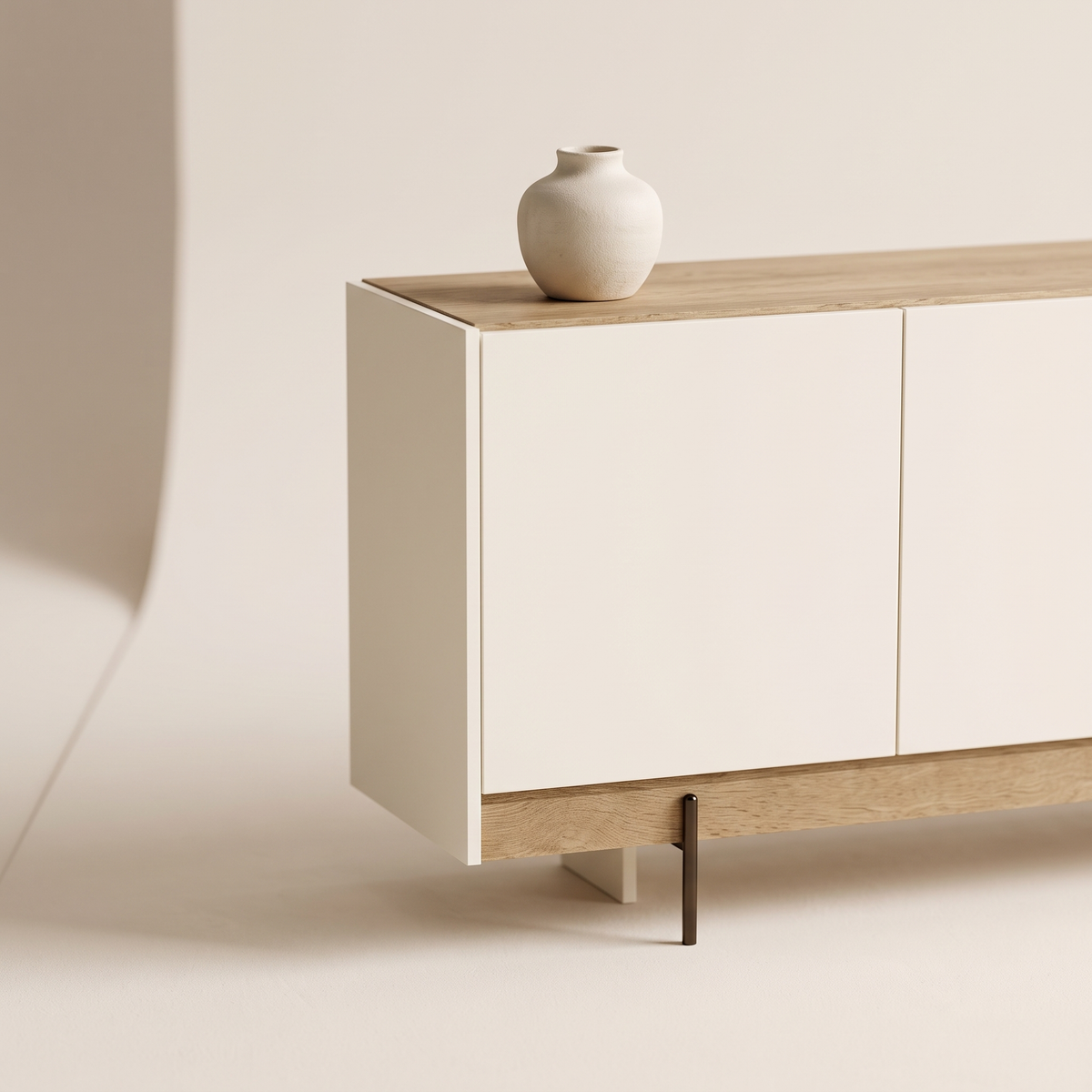 Liza Sideboard with Mirror, oak plinth and metal leg with a ceramic vase