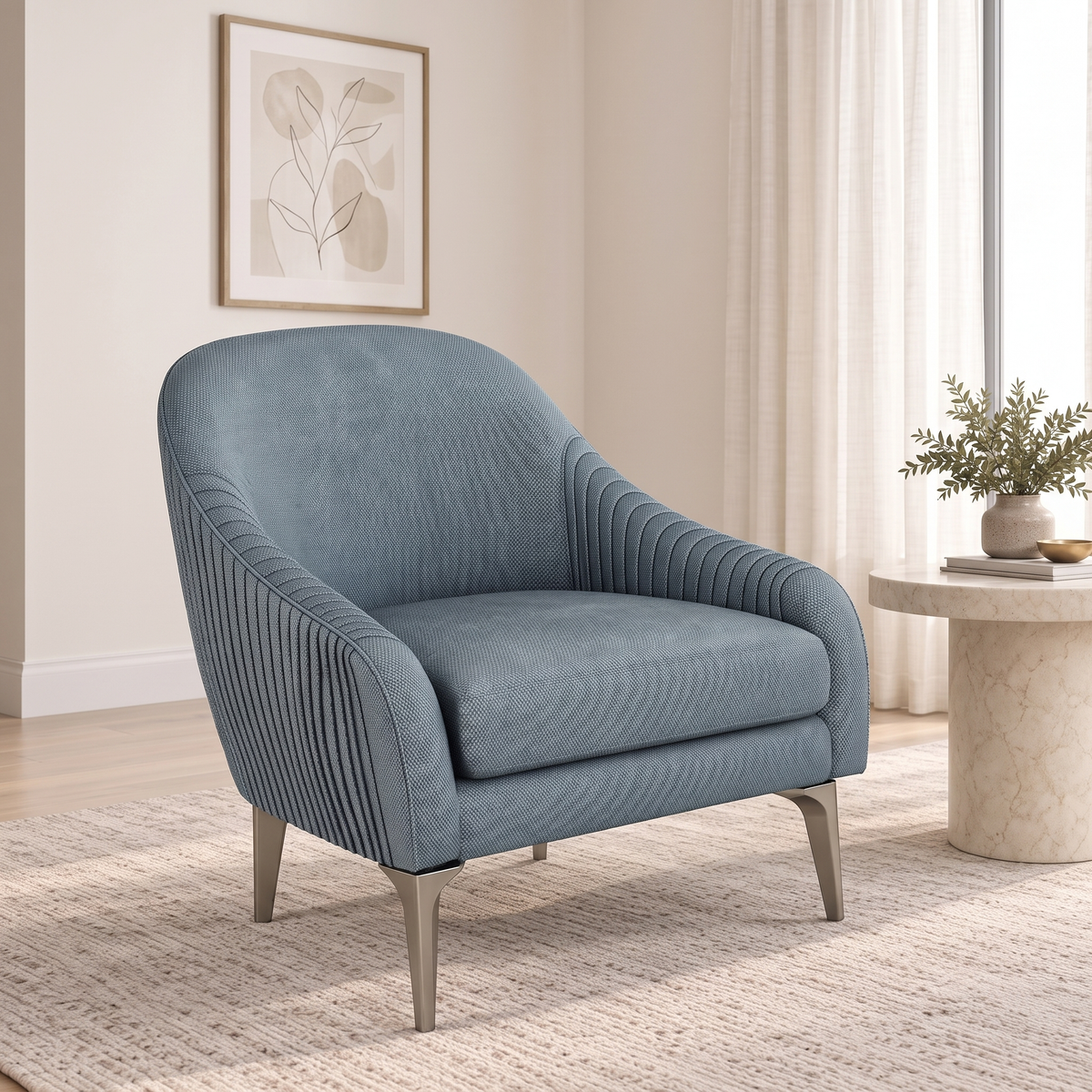 Close angled view of the Stil tub armchair and slender metal legs