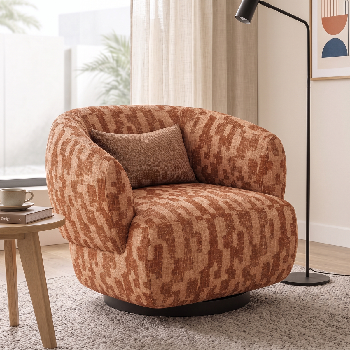 Close angled view of the Rota barrel armchair and deep seat