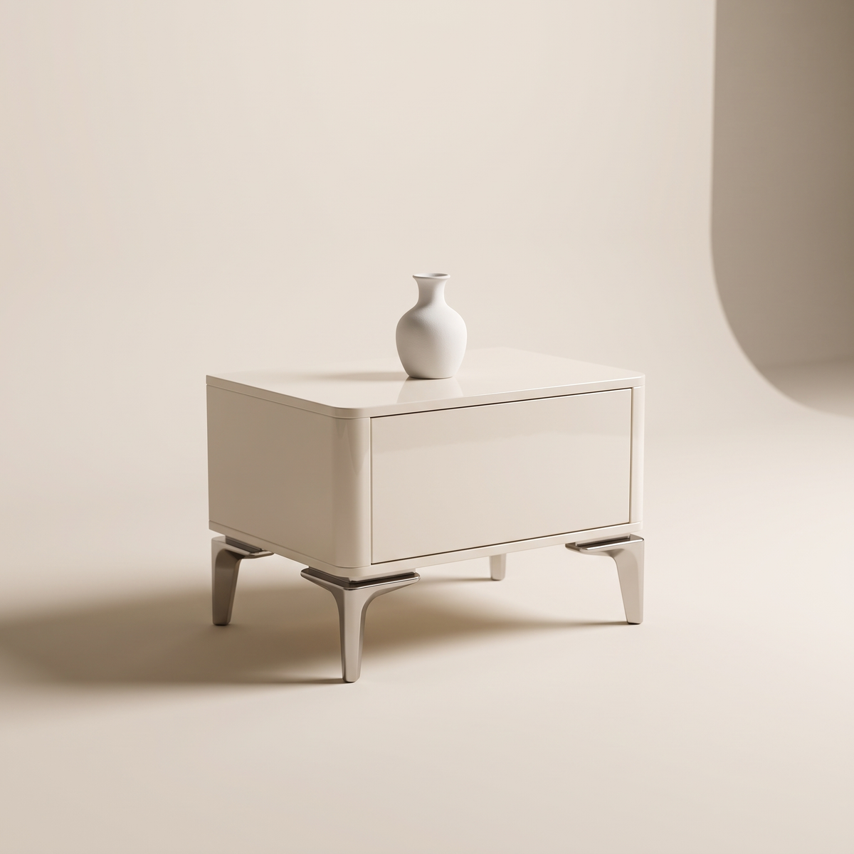 Stil King Bedroom Set, glossy ivory nightstand with a ceramic vase