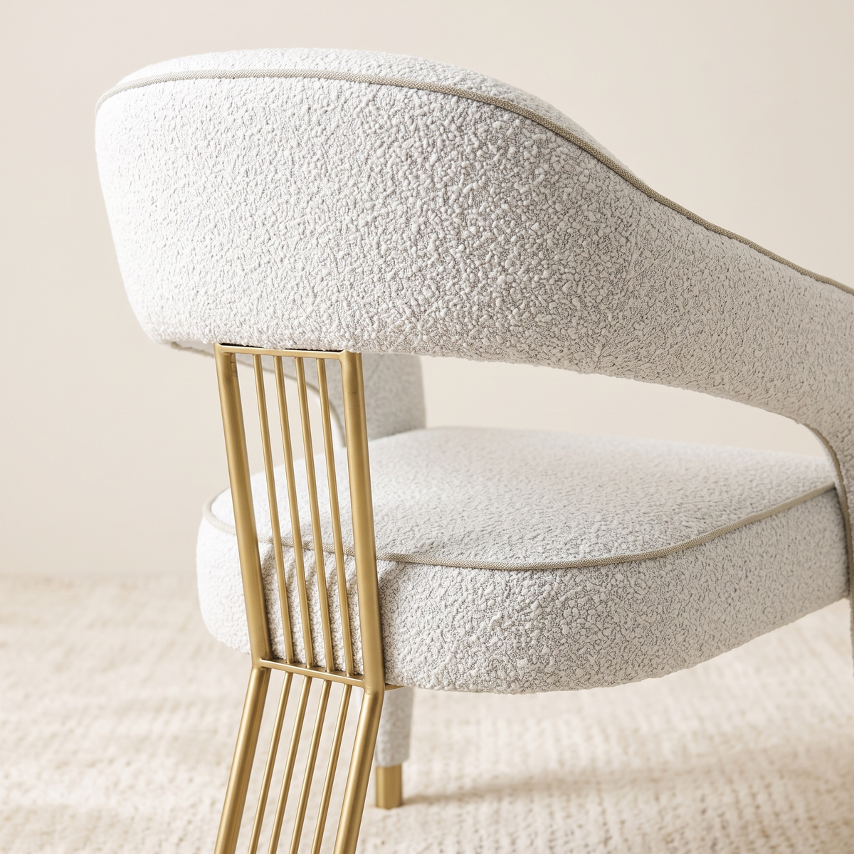 Oval Pedestal Dining Room Set #307, boucle chair back and gold frame detail