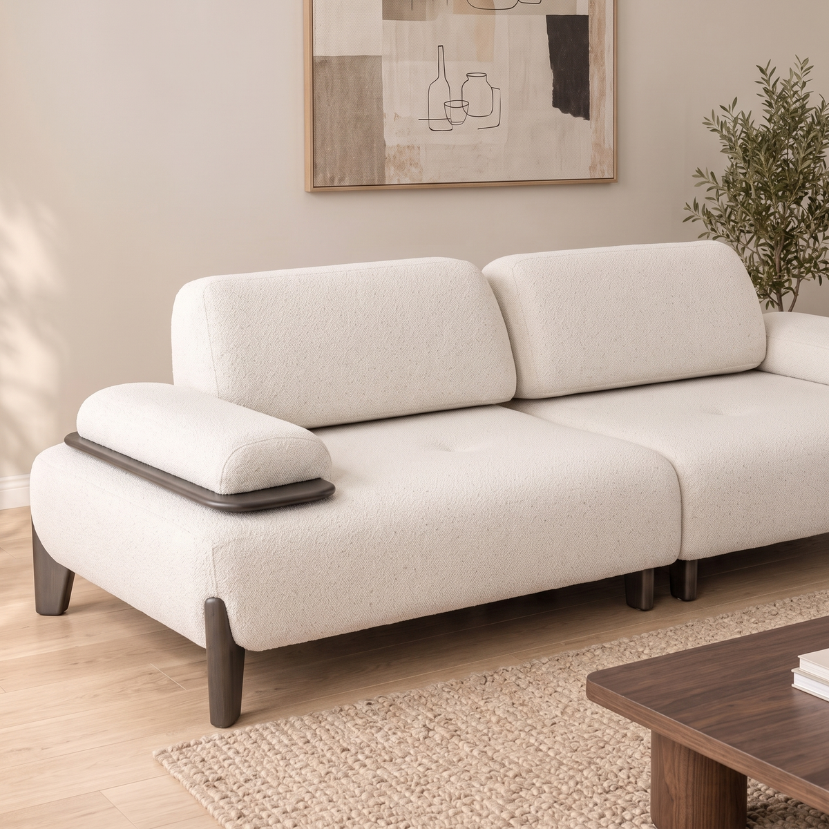 Close angled view of the Rota sofa seat and bolster back cushions