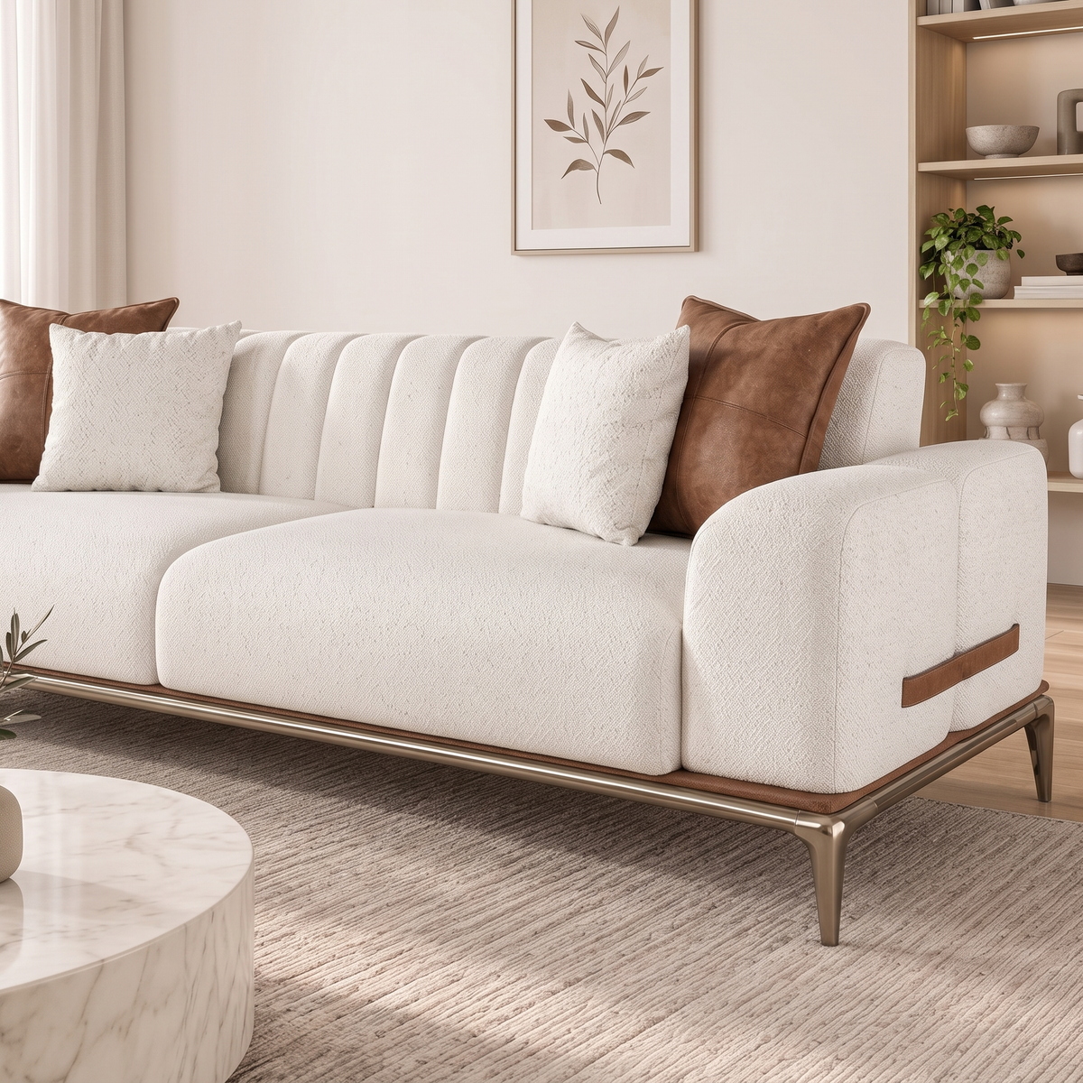 Close angled view of the Stil sofa channelled back and cushions