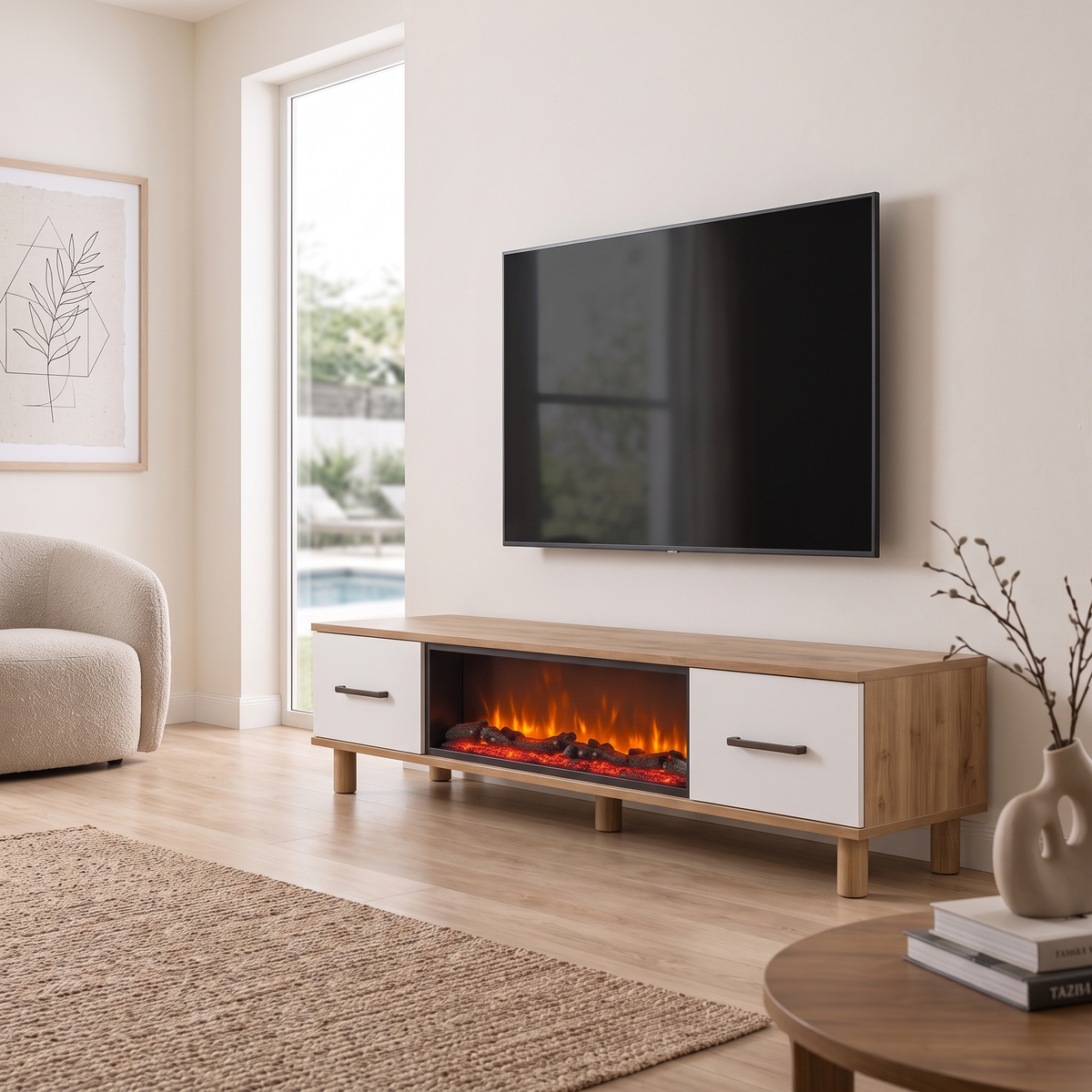 Cemre TV Stand with Fireplace, room view from a second angle