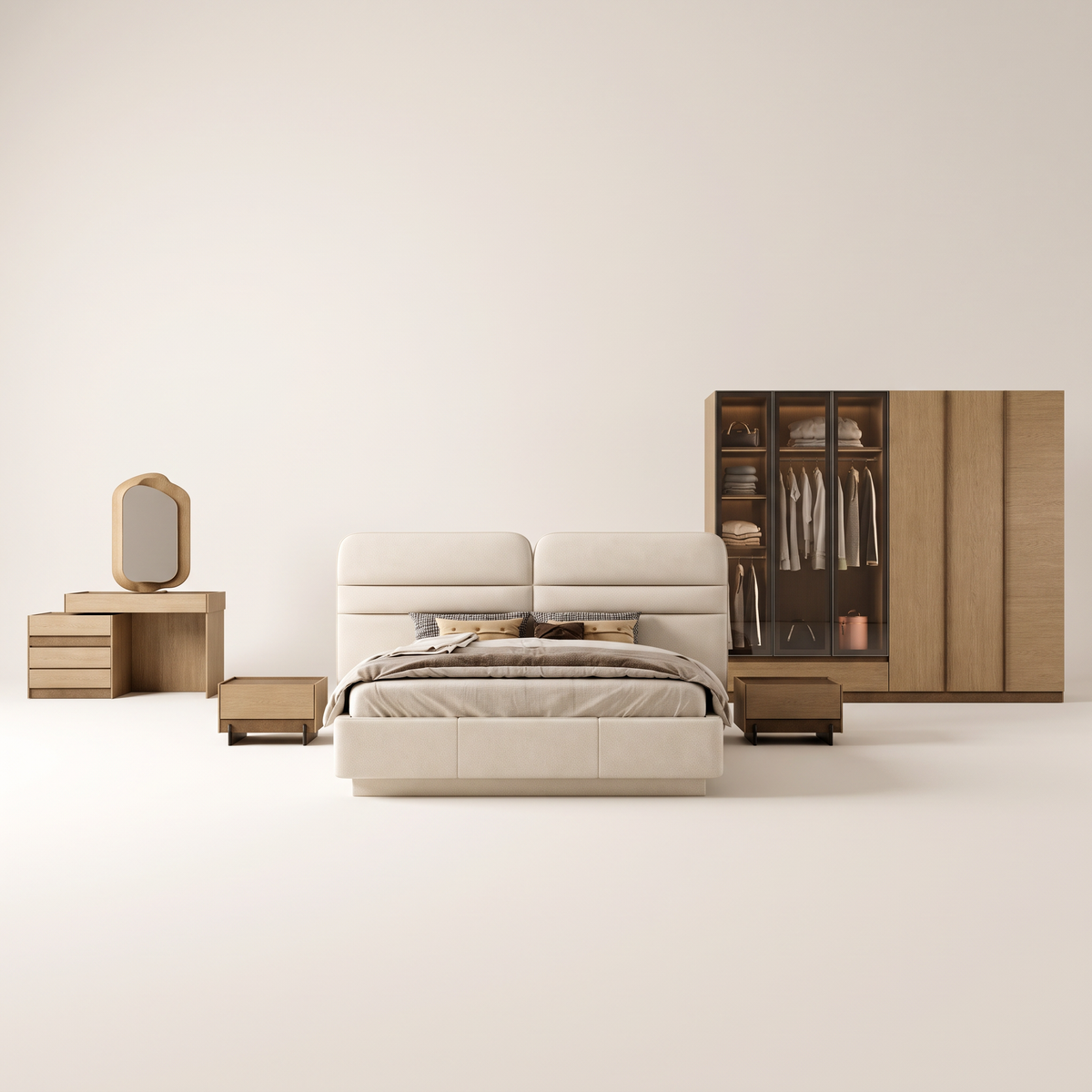 Rota Bedroom Set, studio view of all five pieces
