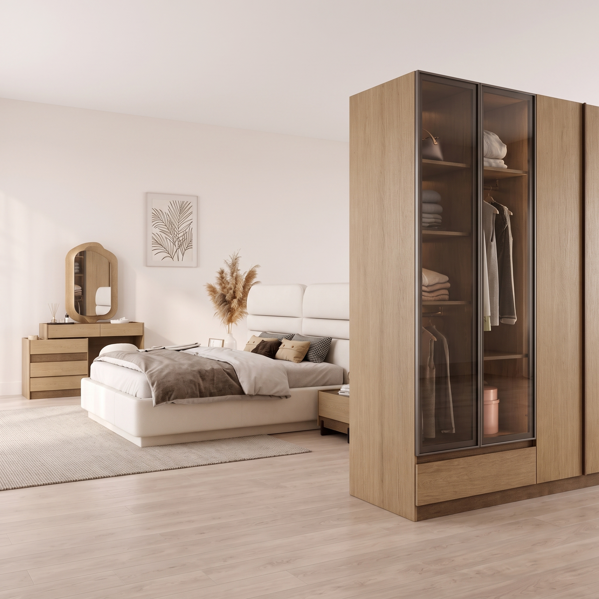 Rota Bedroom Set, diagonal view past the smoked-glass wardrobe