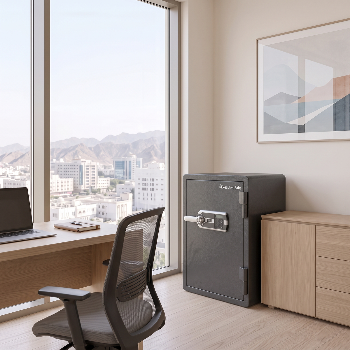 ExecutiveSafe Security Safe #ES060 beside a credenza with a city and mountain view