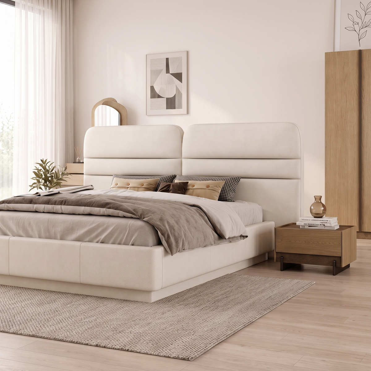 Rota Bedroom Set, closer angled view of the upholstered bed and oak nightstand