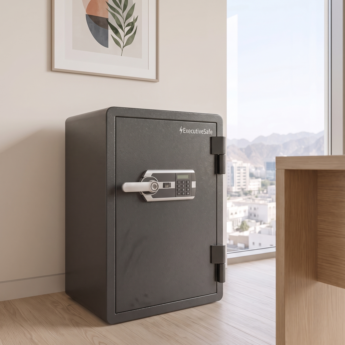 ExecutiveSafe Security Safe #ES060, closer angled view in the office