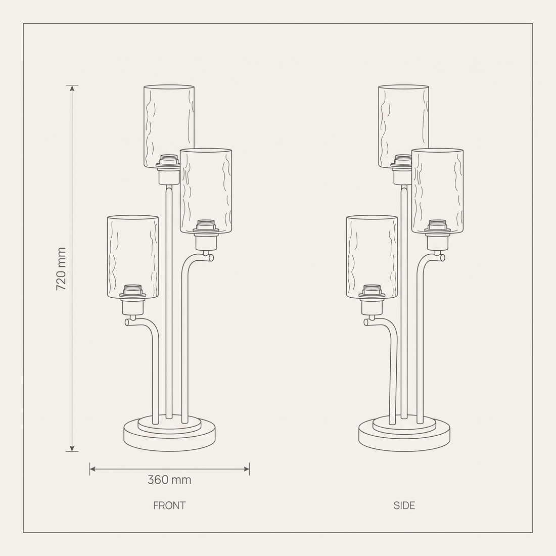 Three-Light Table Lamp #ML83537 dimensions drawing