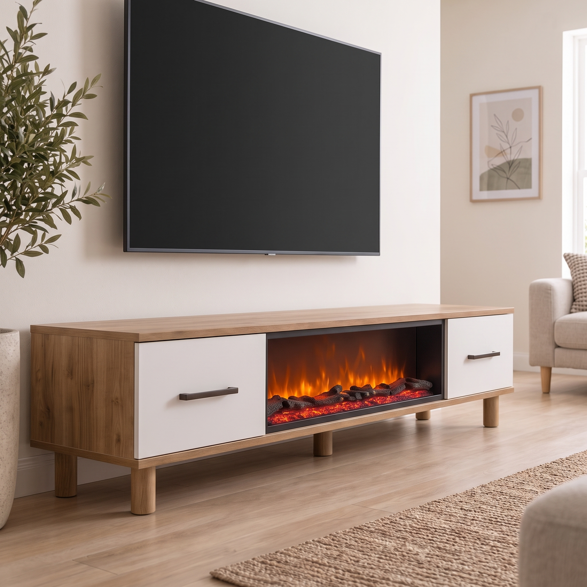 Cemre TV Stand with Fireplace, close angled room view