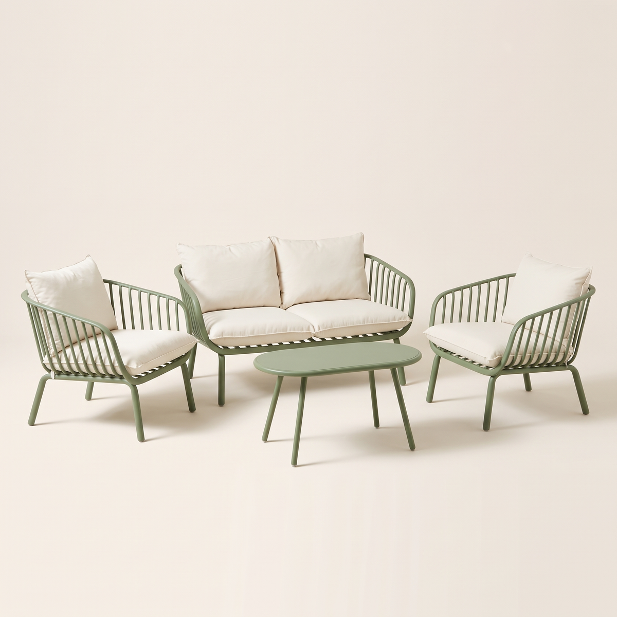 Sage Green Spindle Garden Sofa Set #F850, studio view
