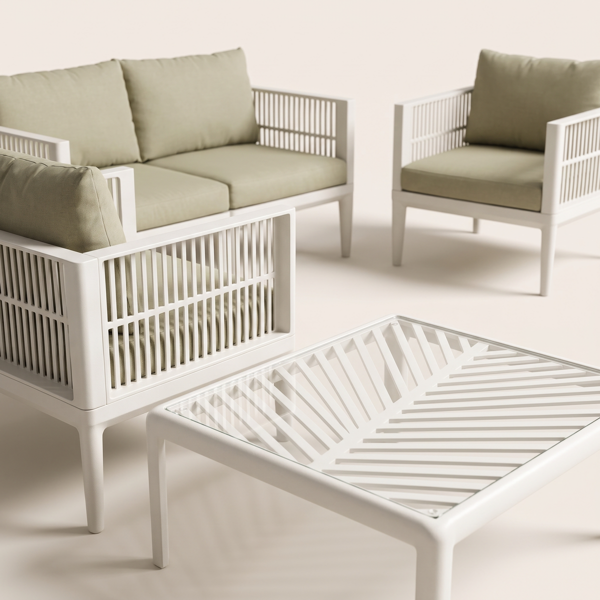 White Slatted Garden Sofa Set #F868, material detail