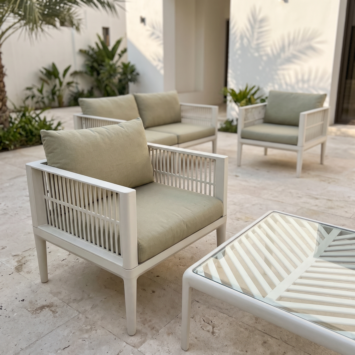 White Slatted Garden Sofa Set #F868, close view