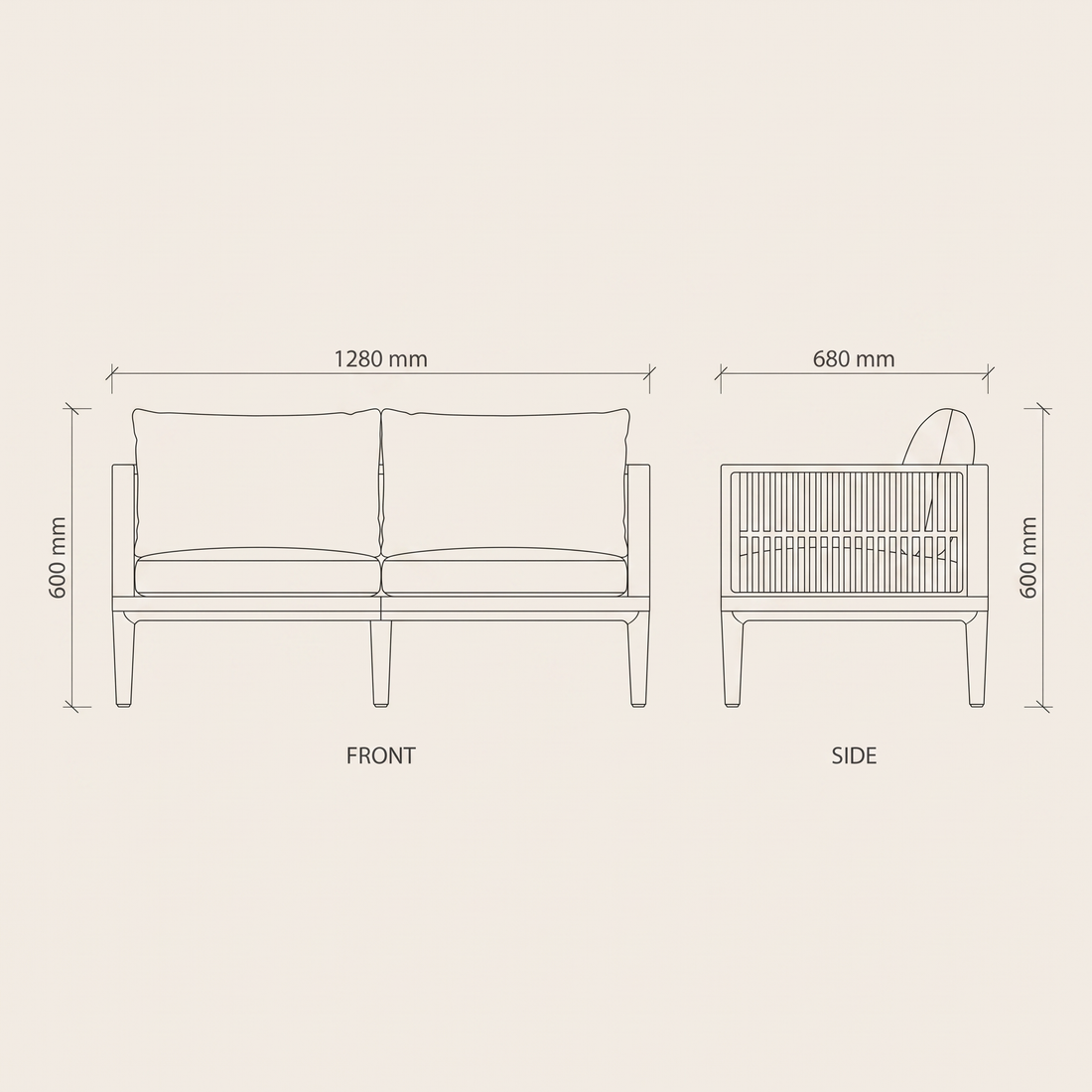White Slatted Garden Sofa Set #F868 dimensions drawing