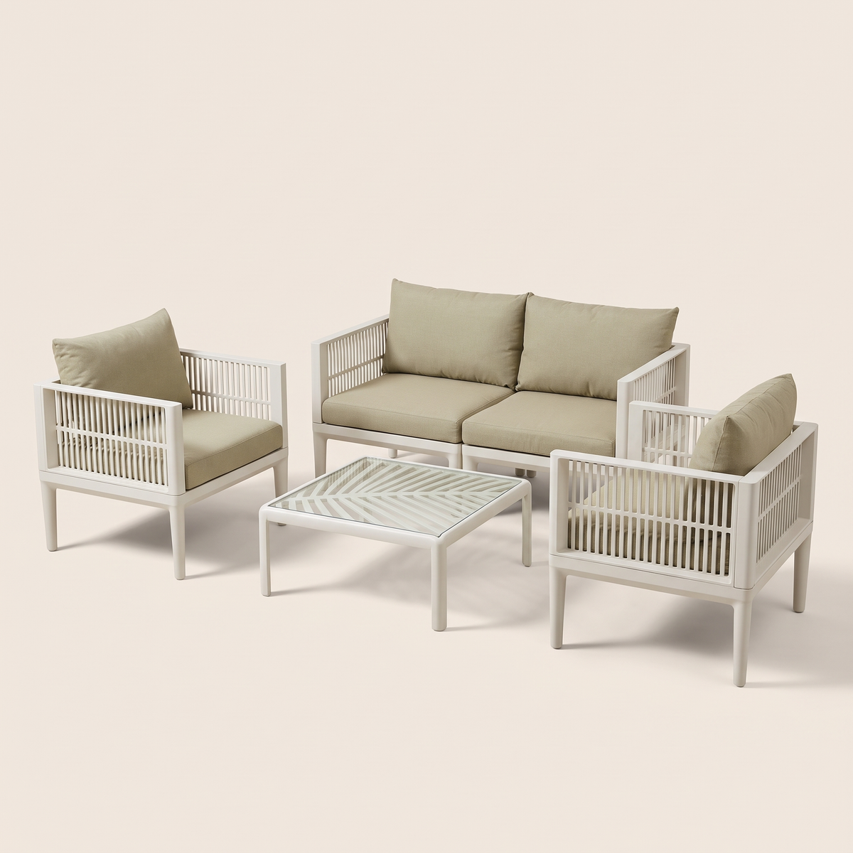 White Slatted Garden Sofa Set #F868, studio view
