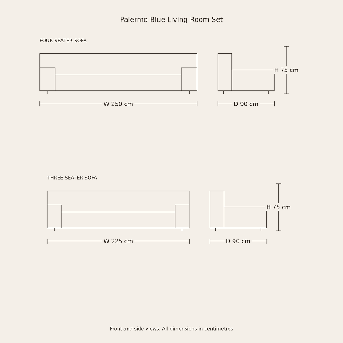 Palermo sofa dimensions drawing: four seater W 250 cm, three seater W 225 cm, both D 90 cm, H 75 cm