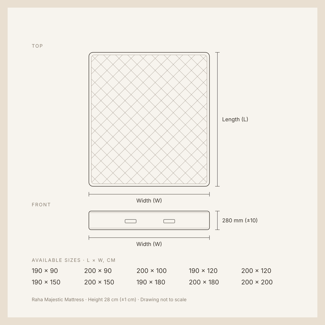 Raha Majestic Mattress dimensions drawing with available sizes and height