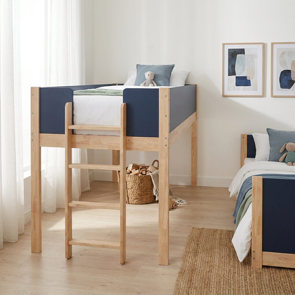 Loft bed ladder end, angled view